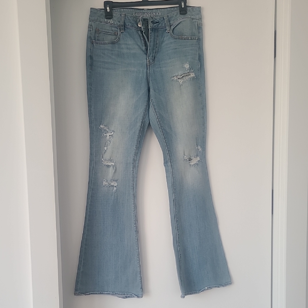 American Eagle Outfitters Distressed Light Blue Wide Leg Jeans